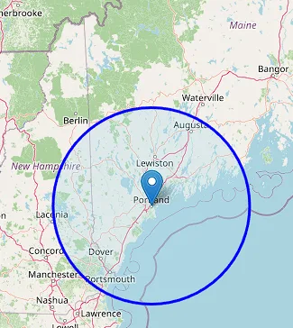 Service area map showing coverage from Kittery to Augusta